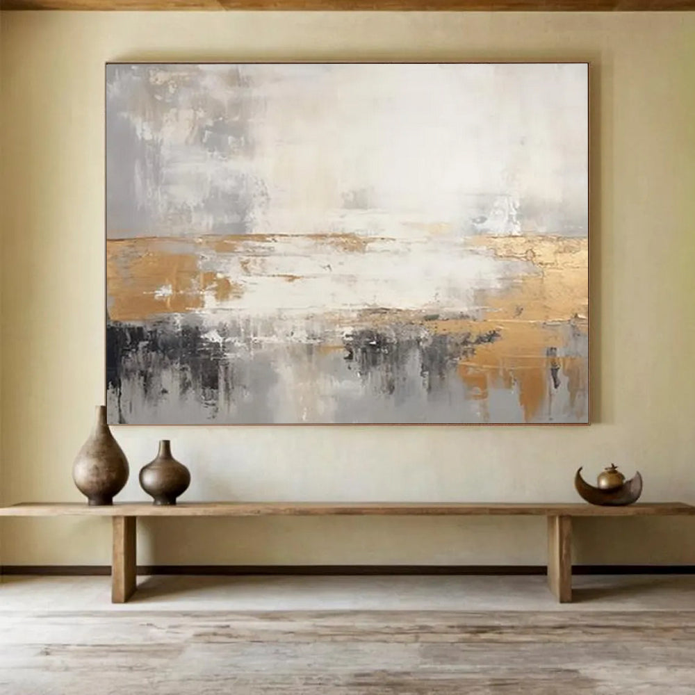 “Gray, Gold, and White Abstract Horizon” - Minimalist Abstract Painting On Canvas PT108