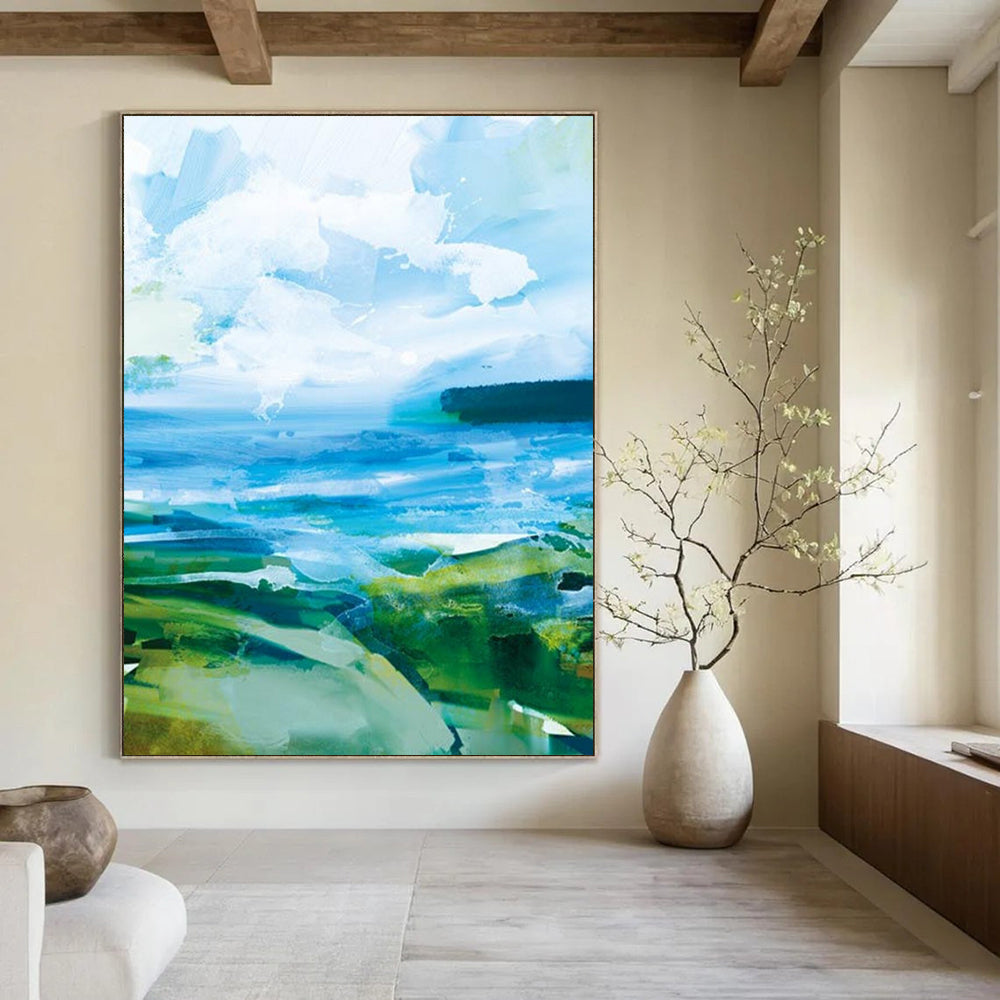 “Vibrant Coastal Abstraction” - Bold Blues & Greens Seascapes Painting On Canvas DS183