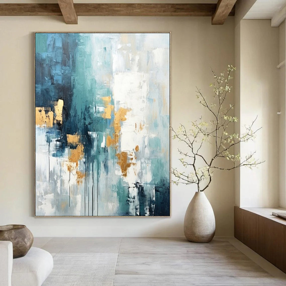 Teal, Gold, and White, "Aqua Gleam" – Abstract Expressionist Painting On Canvas PS1039