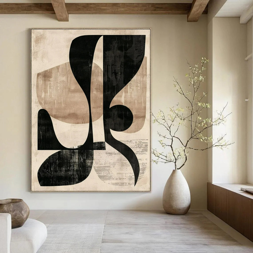 Beige, Black with Layered Shapes "Retro Collage" Abstract Painting On Canvas PS1420