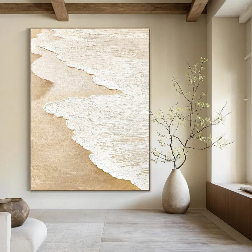 Beige and White Textured "Beach Foam" Impasto Abstract Painting On Canvas PS1101