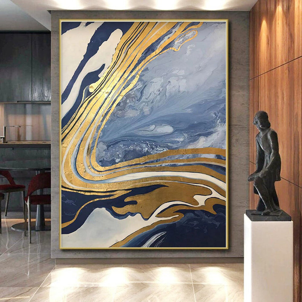 “Blue - Gold Marble Flow” - Blue, Gold, White Abstract Painting On Canvas PS0564