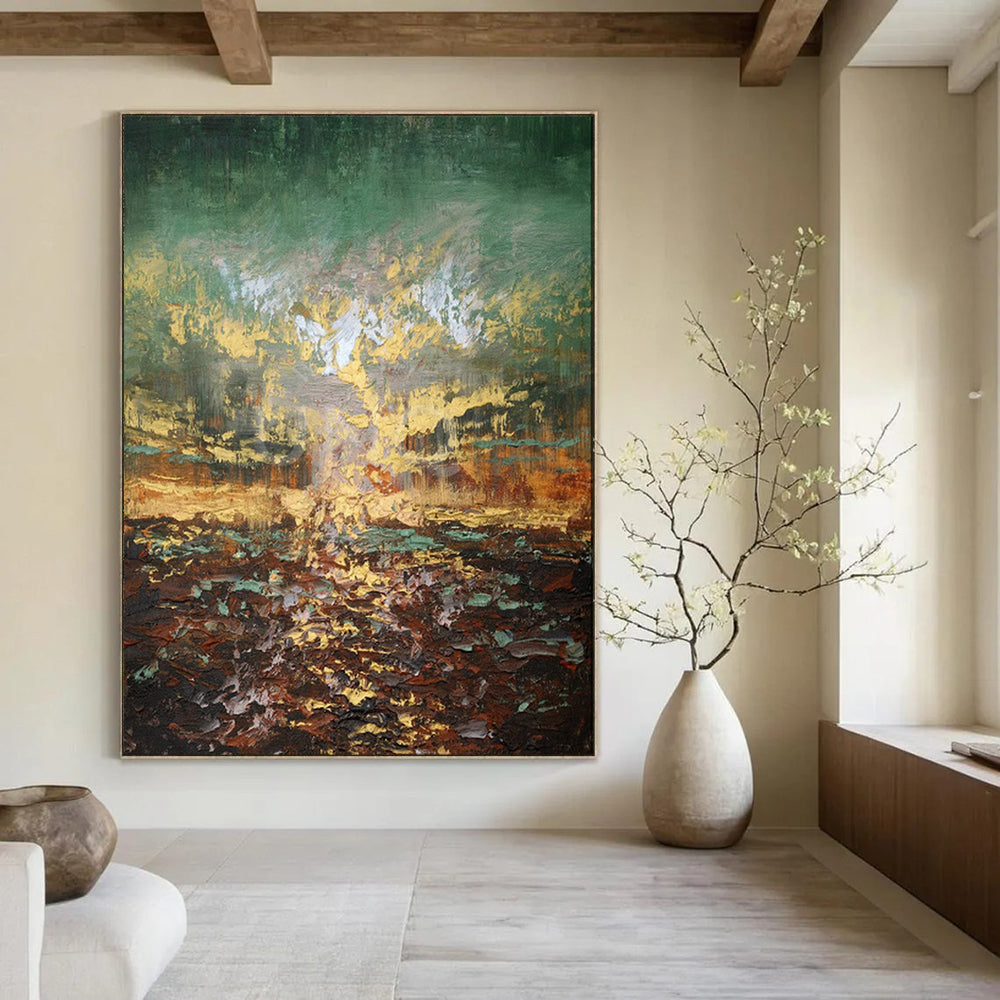 “Textured Green and Gold Abstract Landscape” - Abstract Landscape Painting On Canvas PT1942