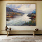 “Flowing River Valley” - Blue, Green & Brown Landscape, Smooth Oil Painting On Canvas DKS726