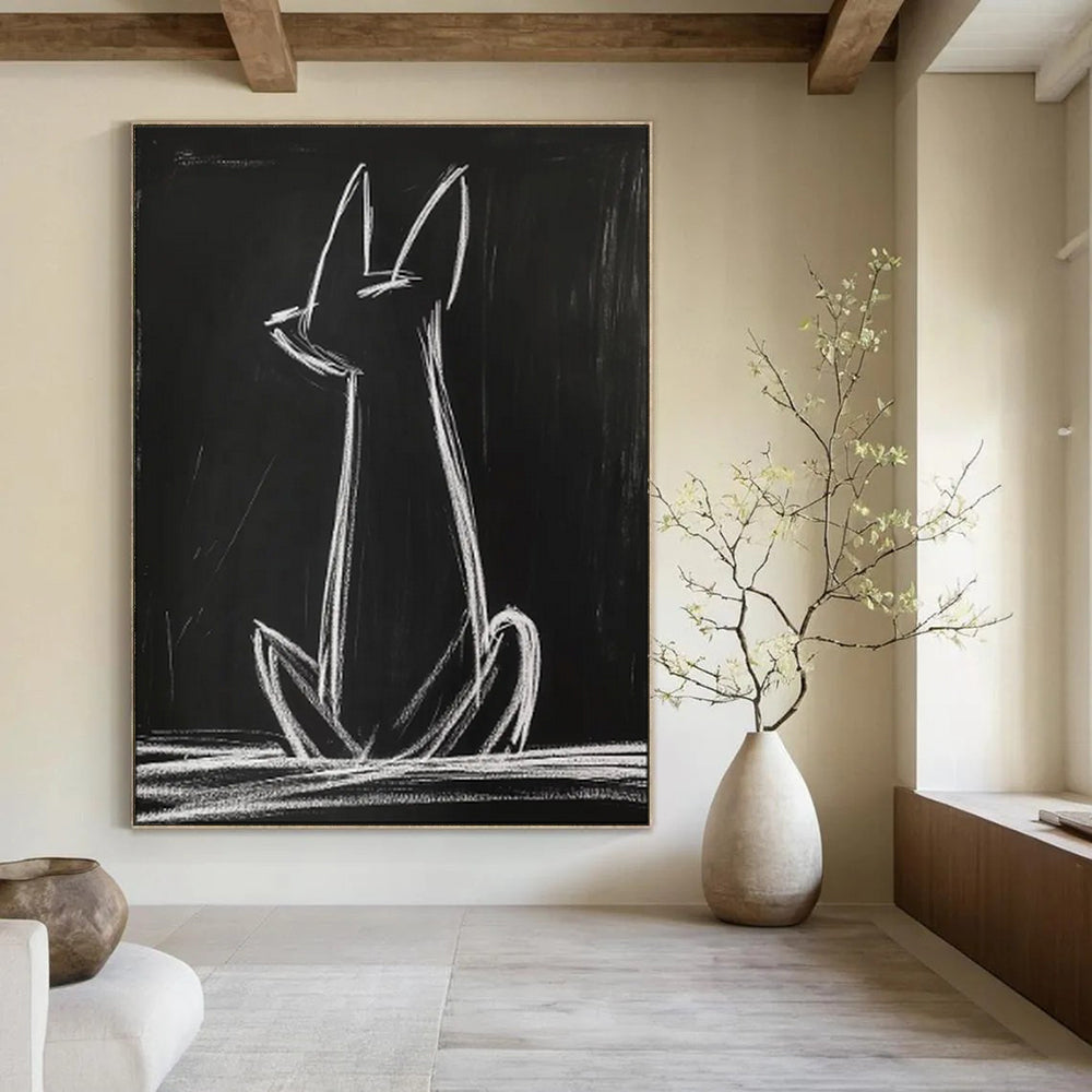 “Minimalist White Cat Silhouette” - Abstract Animal Painting On Canvas PT2027
