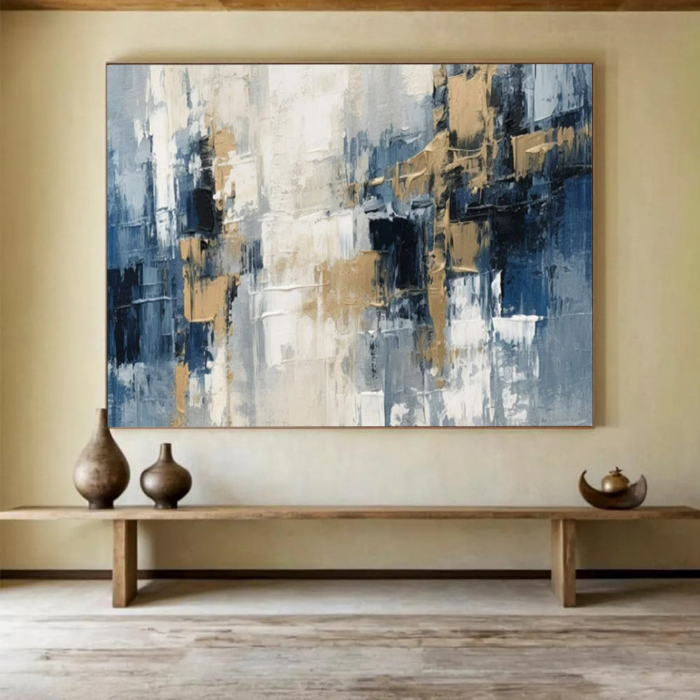 “Blue - Gray Blocks & Gold Accents” - Abstract Cityscape - Painting On Canvas PT1706