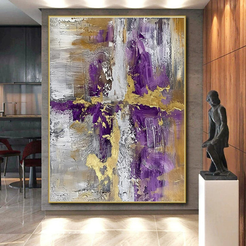 Purple, Gold & Gray Revived Abstract "Regal Fusion" Painting On Canvas PS0846