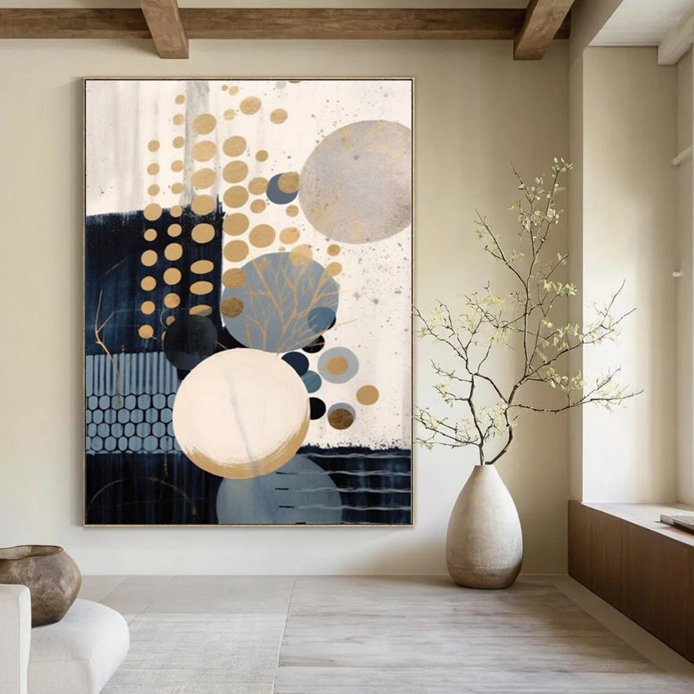 Gold, Blue, Beige with Circles "Gilded Bubbles" Abstract Painting On Canvas PS1263