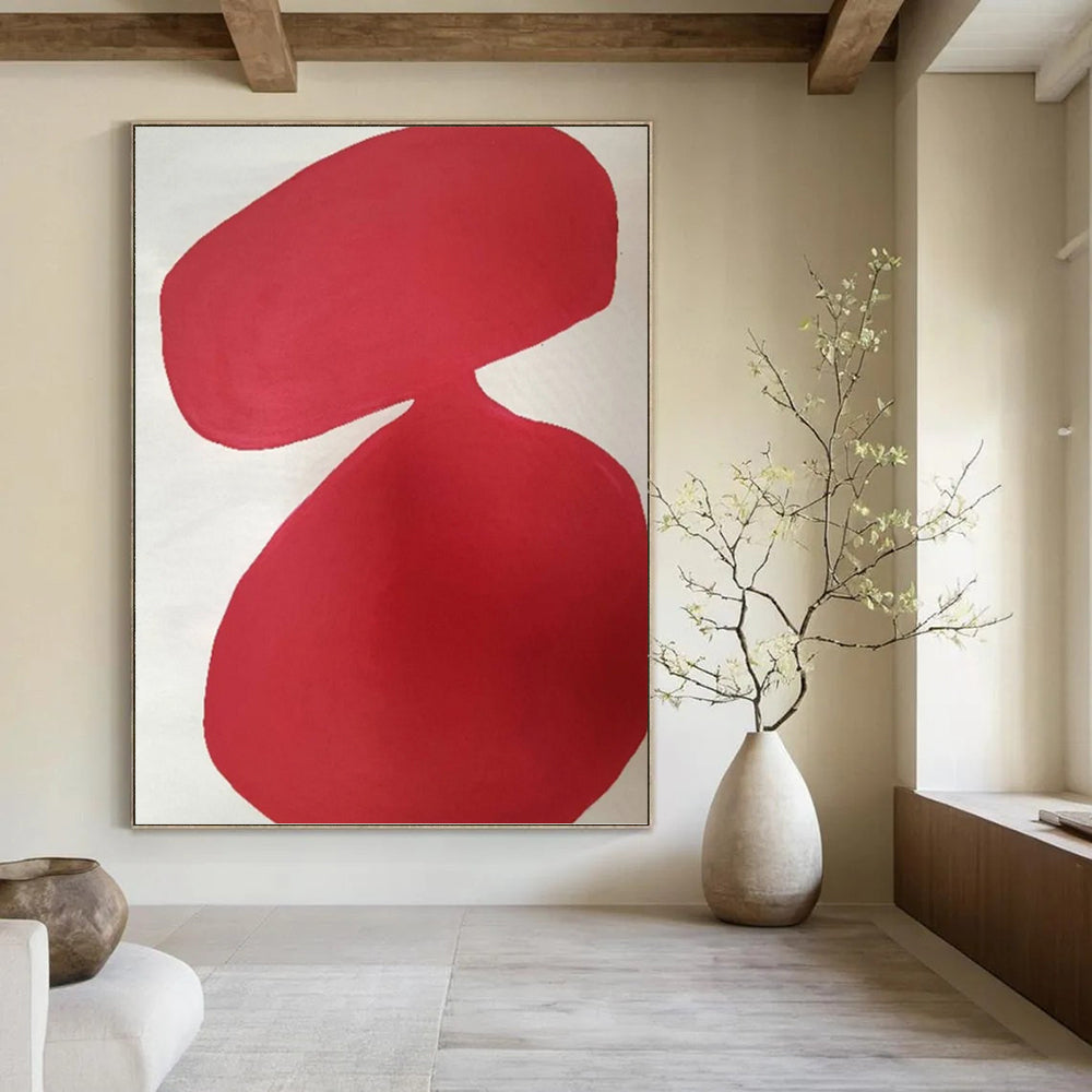“Crimson Curved Forms on White” - Fluid Shapes Abstract Painting On Canvas PT1079