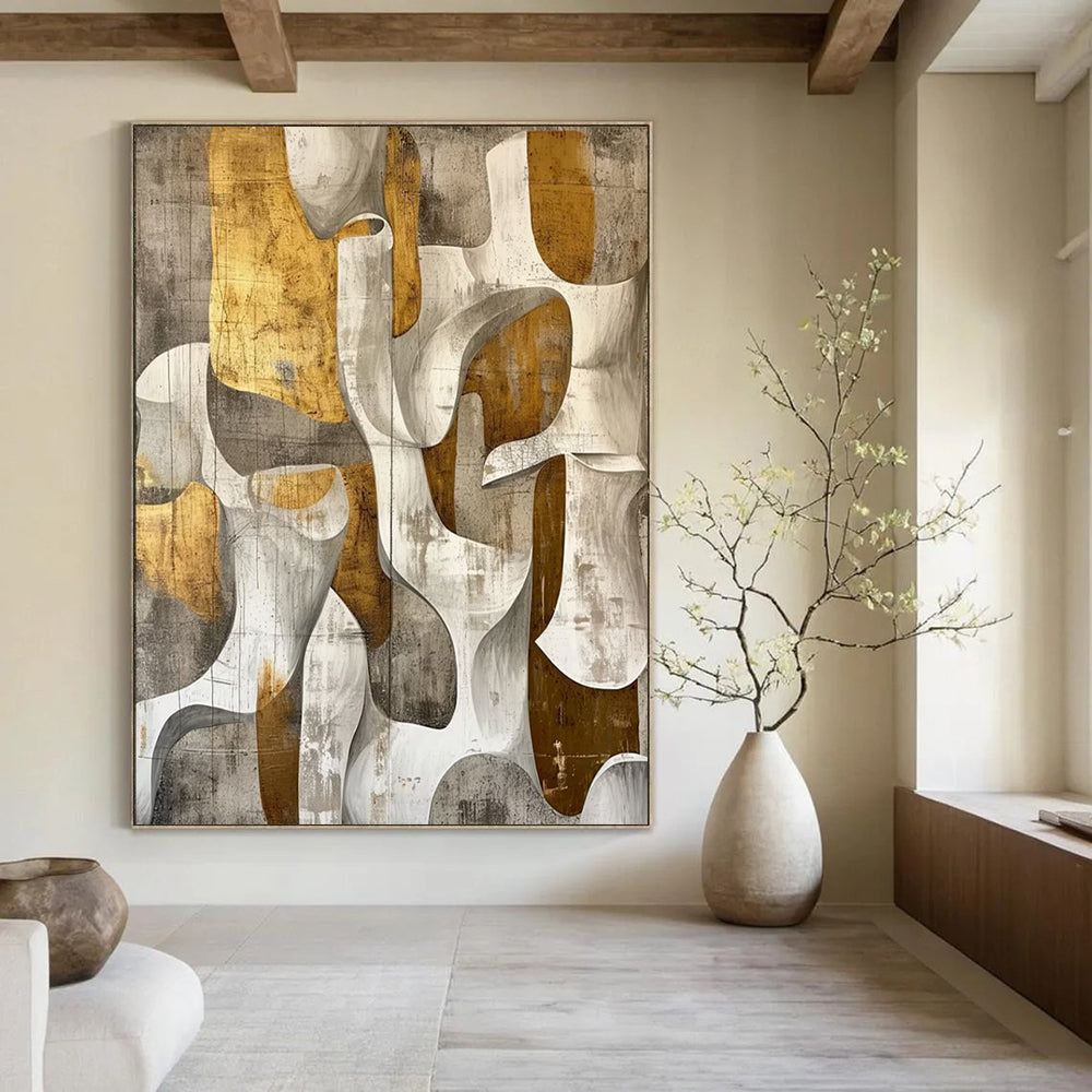 “Gray - Gold Abstract Forms” - Abstract Sculptural Painting On Canvas DS011