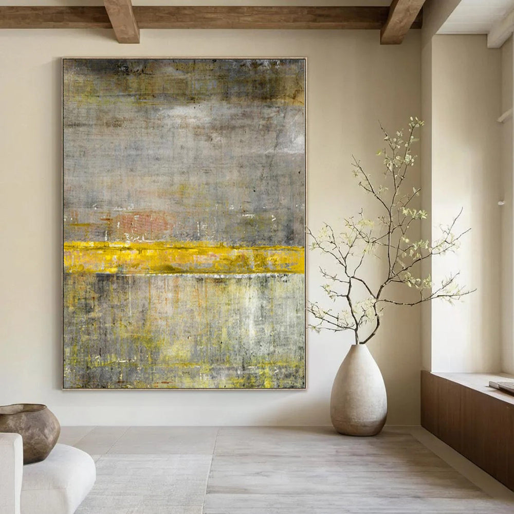 “Gray - Yellow Abstract Divide” - Industrial Abstract Painting On Canvas PS0213