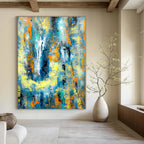 Blue, Yellow, and Orange Dynamic Mix - Energetic Abstract Brushstrokes Painting On Canvas PS1232