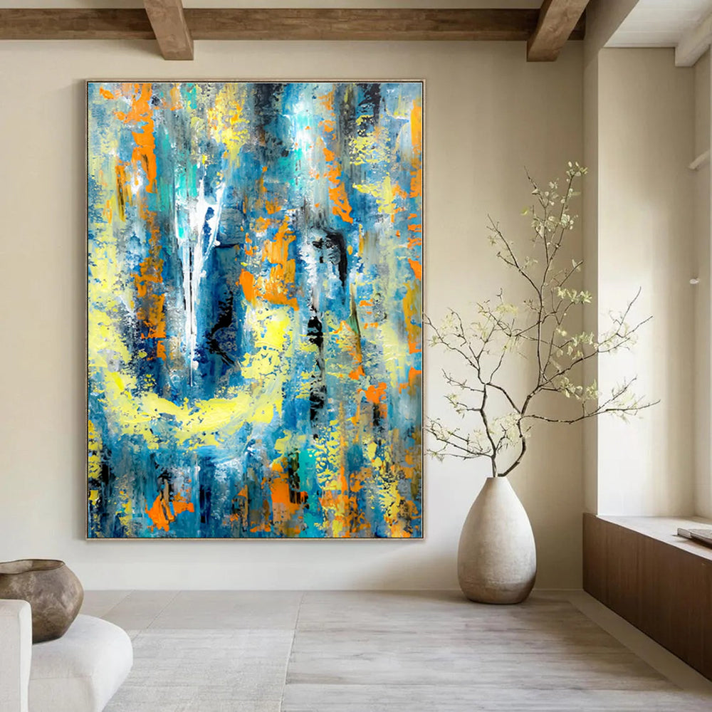 Blue, Yellow, and Orange Dynamic Mix - Energetic Abstract Brushstrokes Painting On Canvas PS1232