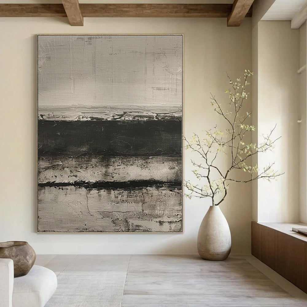 Black, White, Gray with Textured Bands "Monochrome Melody" Abstract Painting On Canvas PS1369