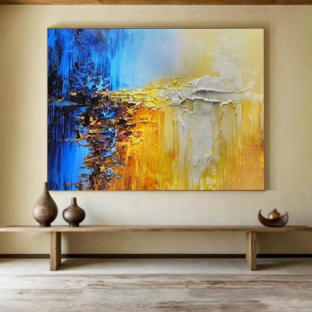 “Blue & Gold Abstract Fusion” - Bold Textured Painting On Canvas PT179
