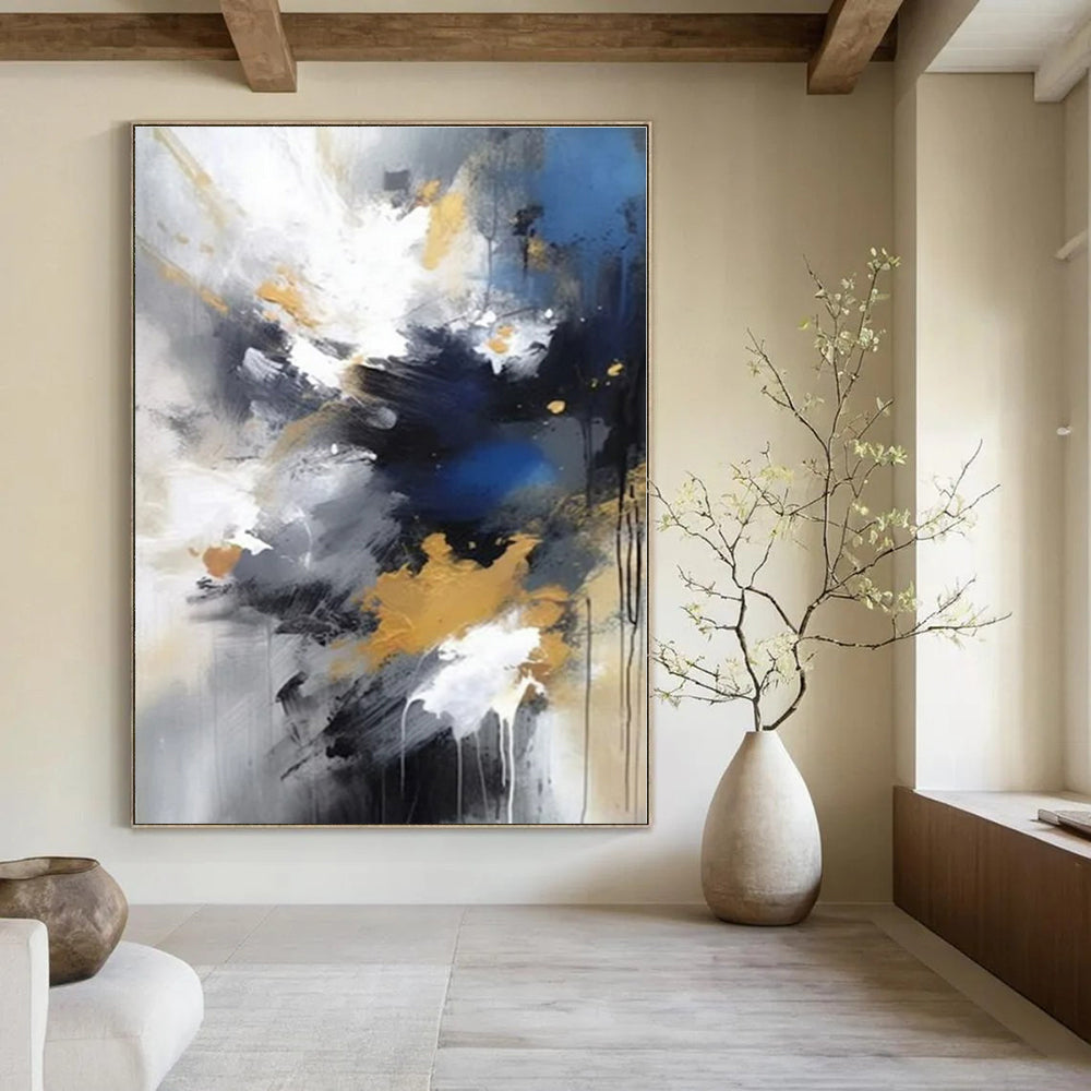 Blue, Gold, and Gray Explosion - Dynamic Abstract Painting On Canvas PS1253