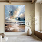 Blue, White, Gray with Beach Scene "Beach Serenity" Impressionist Painting On Canvas PS1329