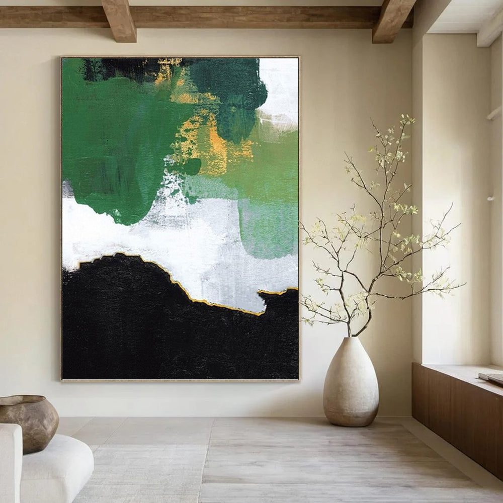 “Green - Gold - White Abstract Patches” - Abstract Expressionist Painting On Canvas PT1222