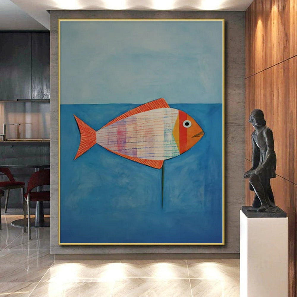 Collage Fish, "Rainbow Fish Collage" – Mixed - Media Fish Painting On Canvas PS0876