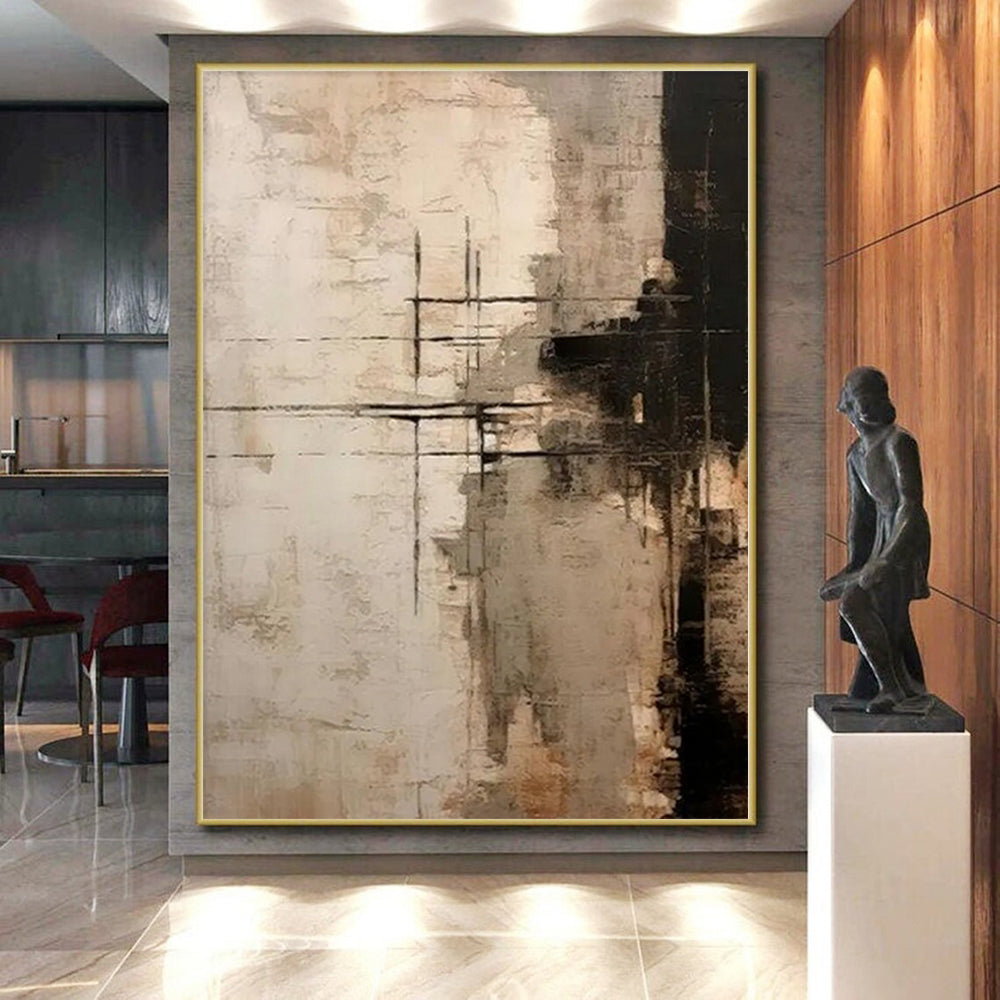 “Neutral Toned Abstract with Black Crossed Lines” - Geometric Abstract Painting On Canvas PS0272