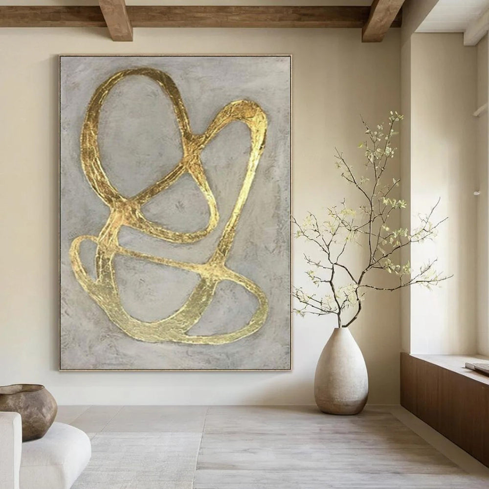 Gray with Intertwined Gold Lines "Golden Entanglement" Opulent Abstract Painting On Canvas PS1098