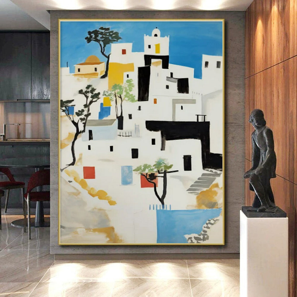 White Village, "Mediterranean Hues" – Modernist Architectural Painting On Canvas PS0882