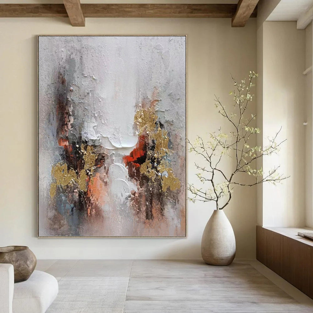 “Grey - Gold Abstract Bursts” - Impasto Abstract Painting On Canvas PT1168