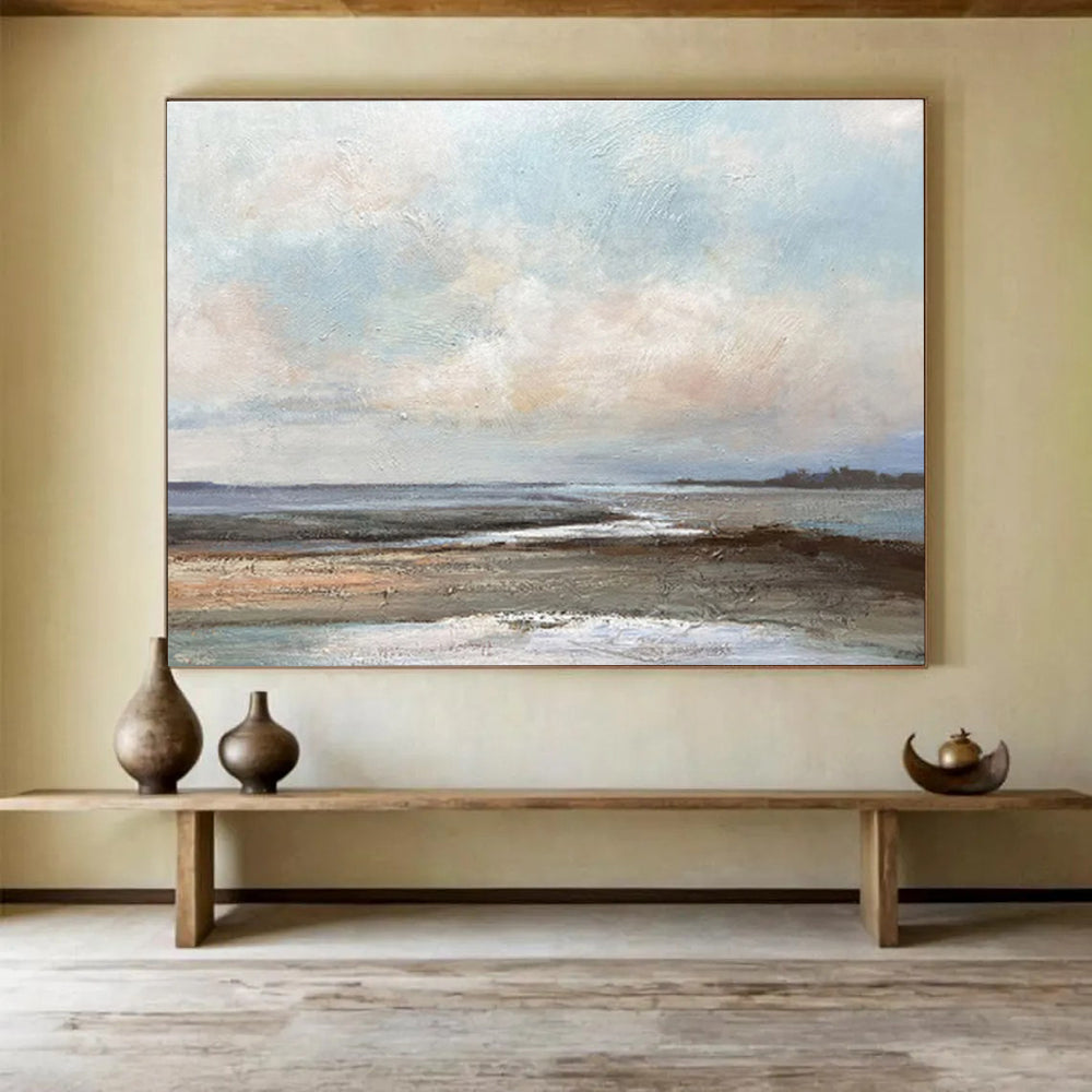 “Serene Coastal Marsh” - Blue, Gray & Brown Landscape, Impressionistic Oil Painting On Canvas DKS755