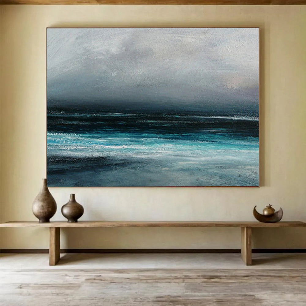 “Moody Coastal Landscape in Grays and Blues” - Atmospheric Oil Painting On Canvas PT035