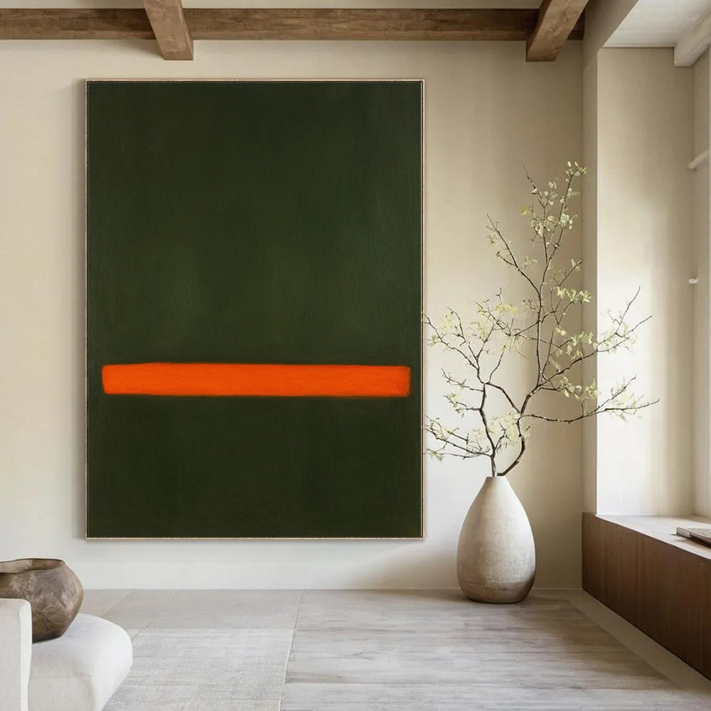 Dark Green, Orange with a Bold Stripe "Nature's Accent" Abstract Painting On Canvas PS1191