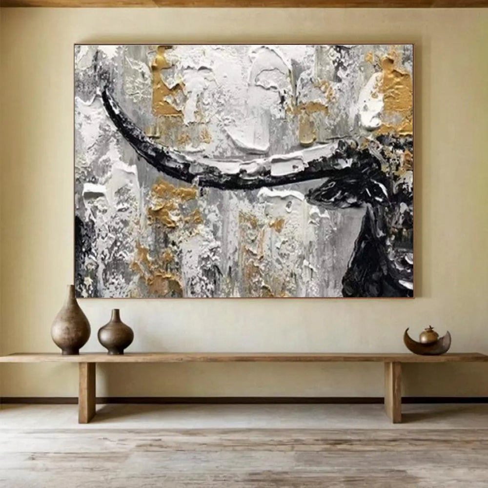 Textured Bull Head in Gold and Gray - Expressive Animal Painting On Canvas DKS336