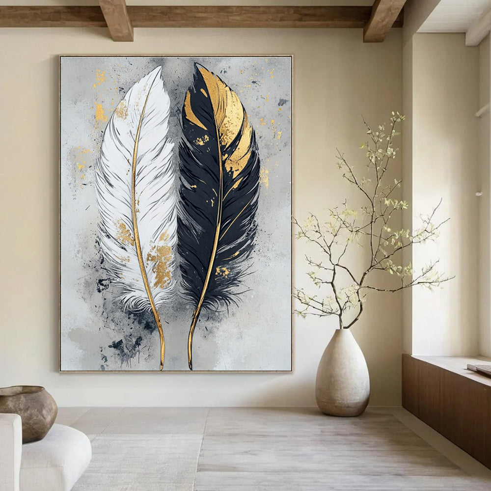 Black, White, Gold with Feathers "Gilded Feathers" Decorative Painting On Canvas PS1262