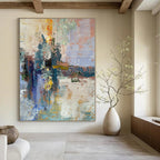 Blue, Green, Yellow, Pink with Textured Strokes "Dreamy Harbor" Abstract Painting On Canvas PS1397