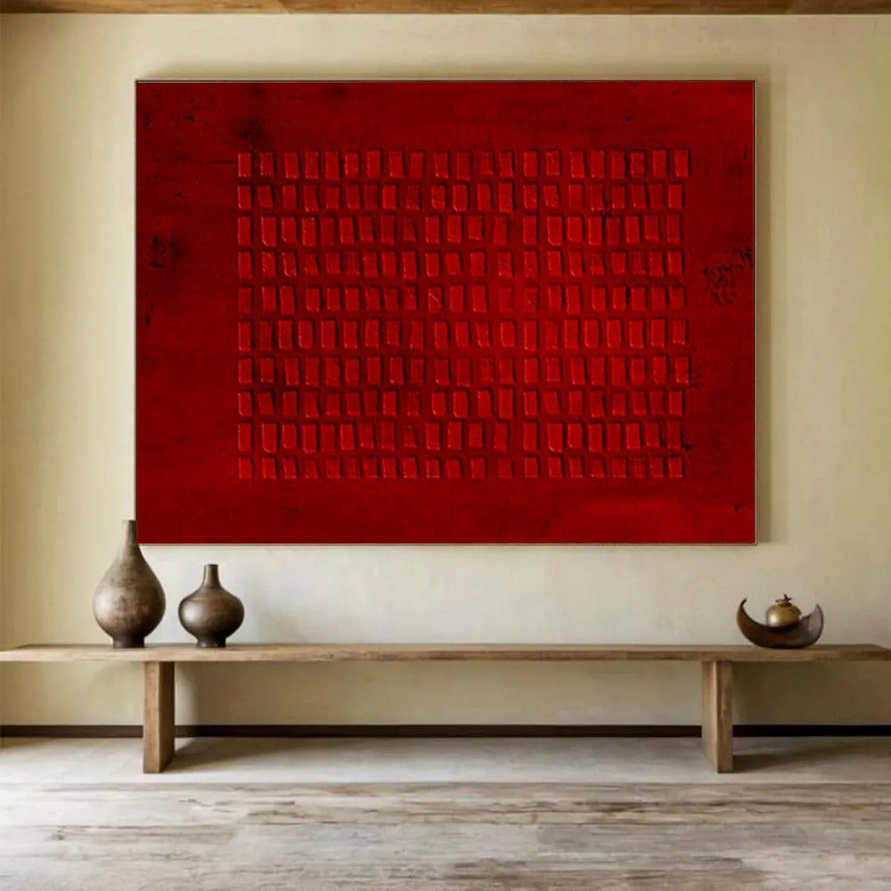 “Red Textured Grid” - Bold Red “Crimson Layers” Painting On Canvas PT1651