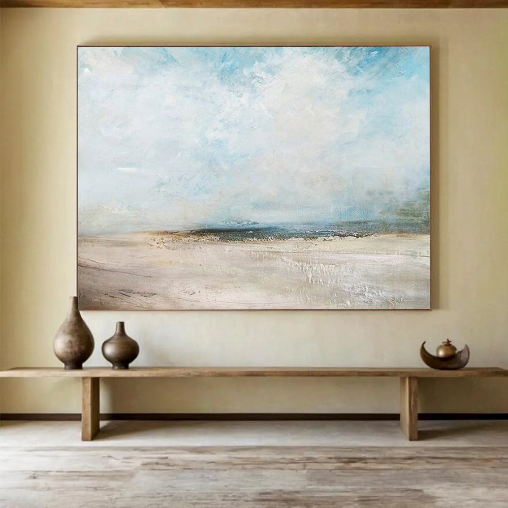 “Blue - White Abstract Beach” - Textured Skies “Cloudy Coast” Painting On Canvas PT1670