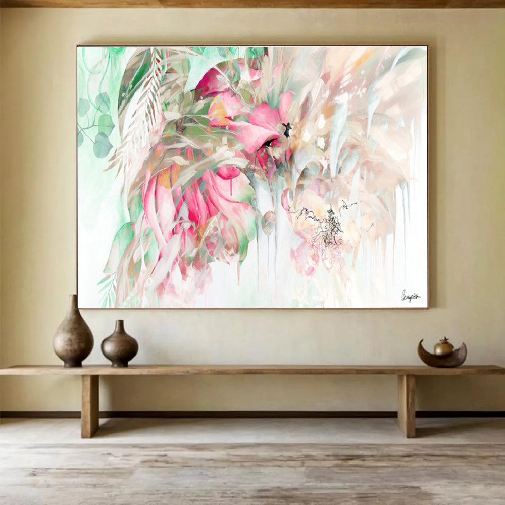 “Pink And Green Floral Cascade” - Floral Painting On Canvas DKS534