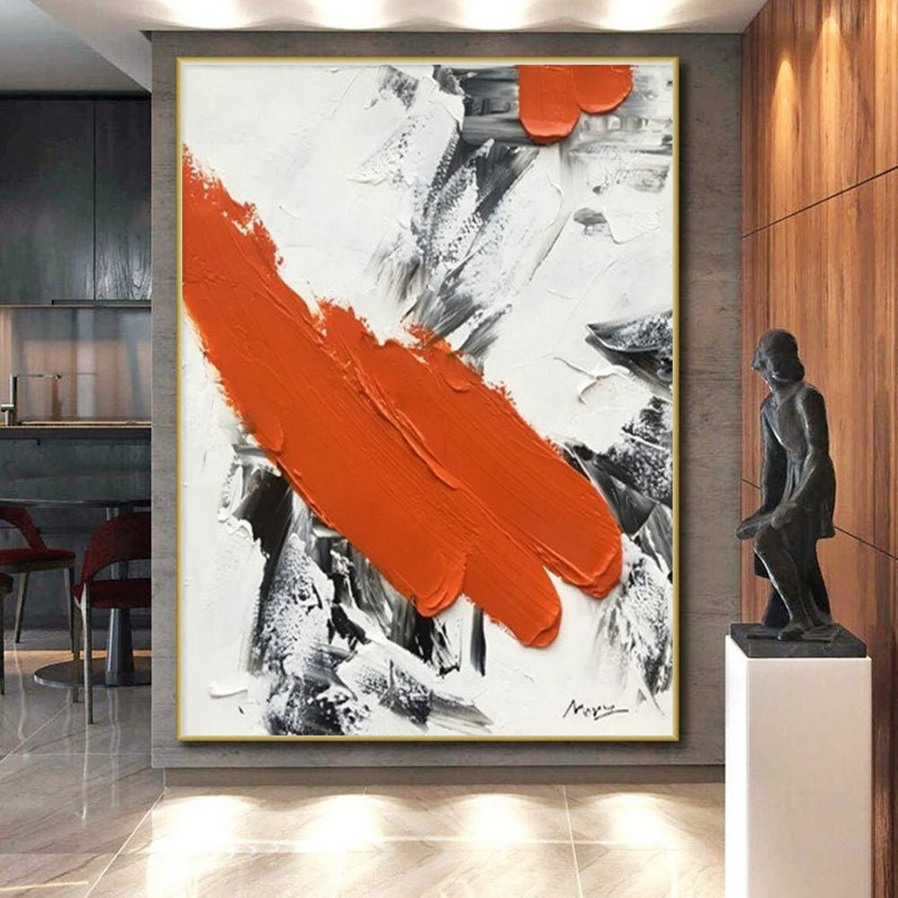 “Fiery Orange Dash” - Orange, Gray, White Abstract Textured Painting On Canvas PS0617
