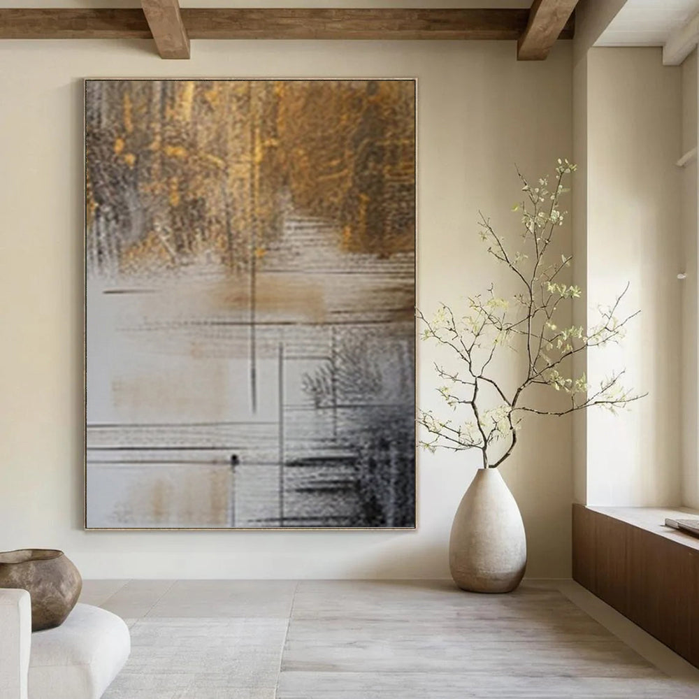 “Brown, Gold and White Linear Abstract” - Luxe Modernist Painting On Canvas PT0980