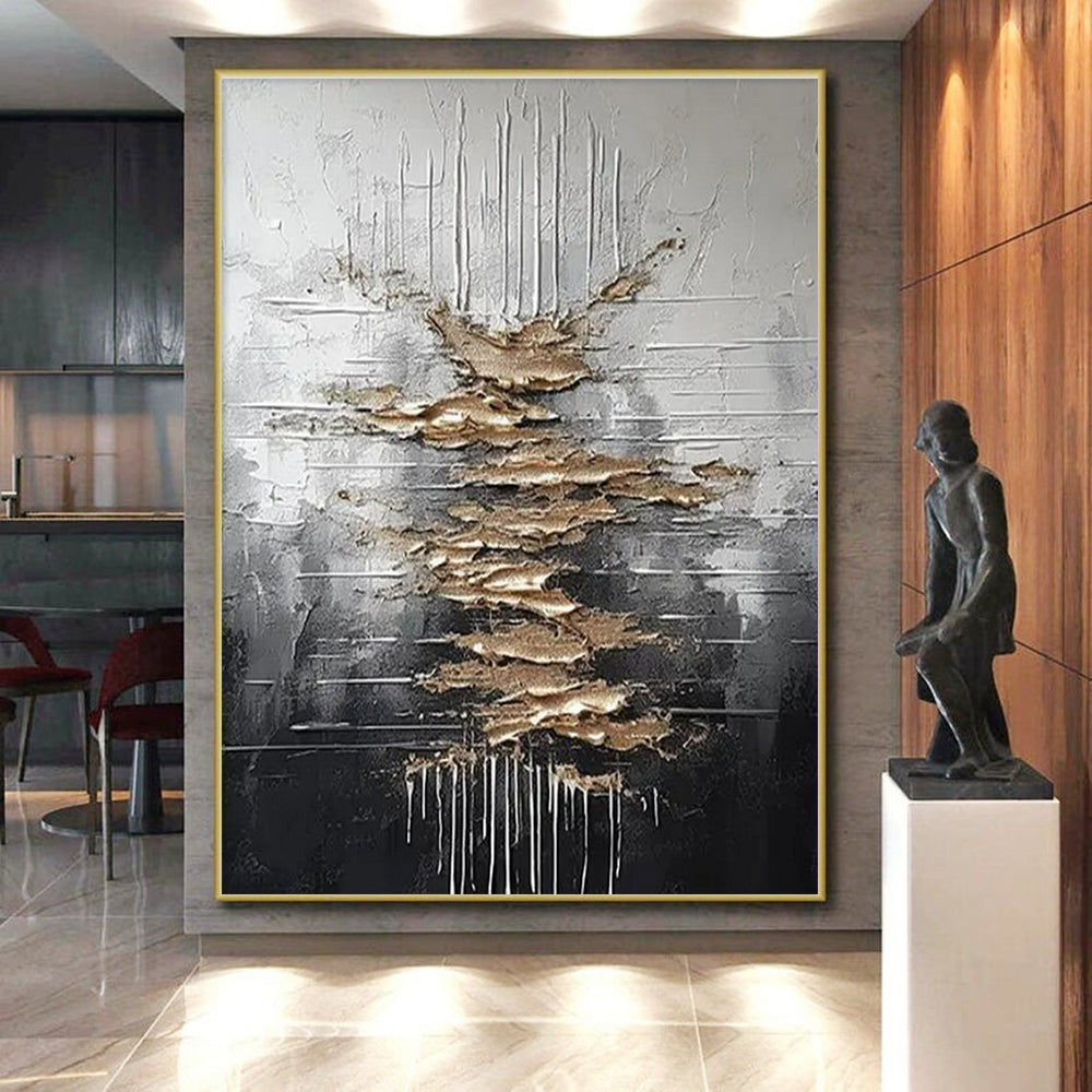 Silver, Black & Gold Textured Abstract "Metallic Cascade" Painting On Canvas PS0864