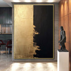 “Gold & Black Contrast” - Gold, Black Abstract Minimalist Painting On Canvas PS0690