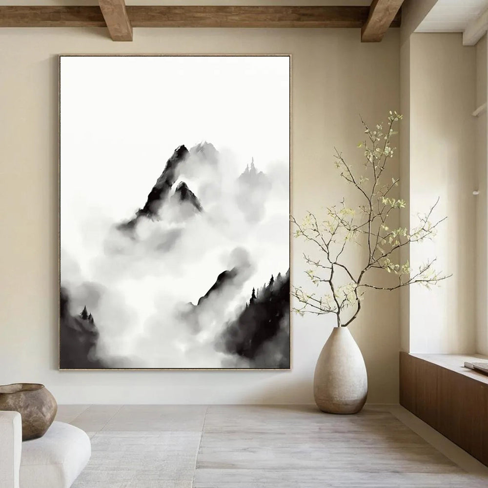 “Ink - Wash Mountainscape” - Traditional Chinese Style Clouds & Peaks Painting On Canvas DS207