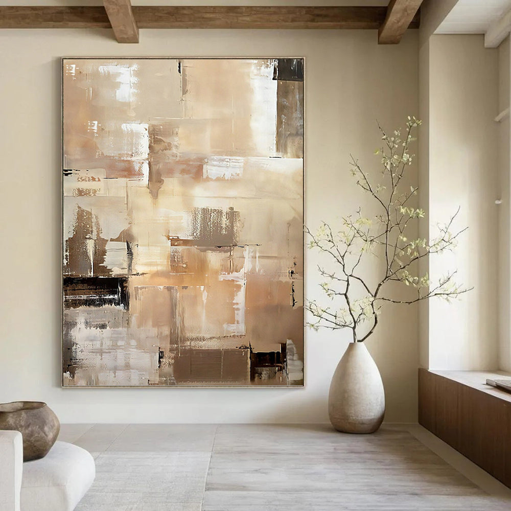 “Beige and Brown Abstract Cubist - inspired Painting” - Modern Abstract On Canvas PT0984