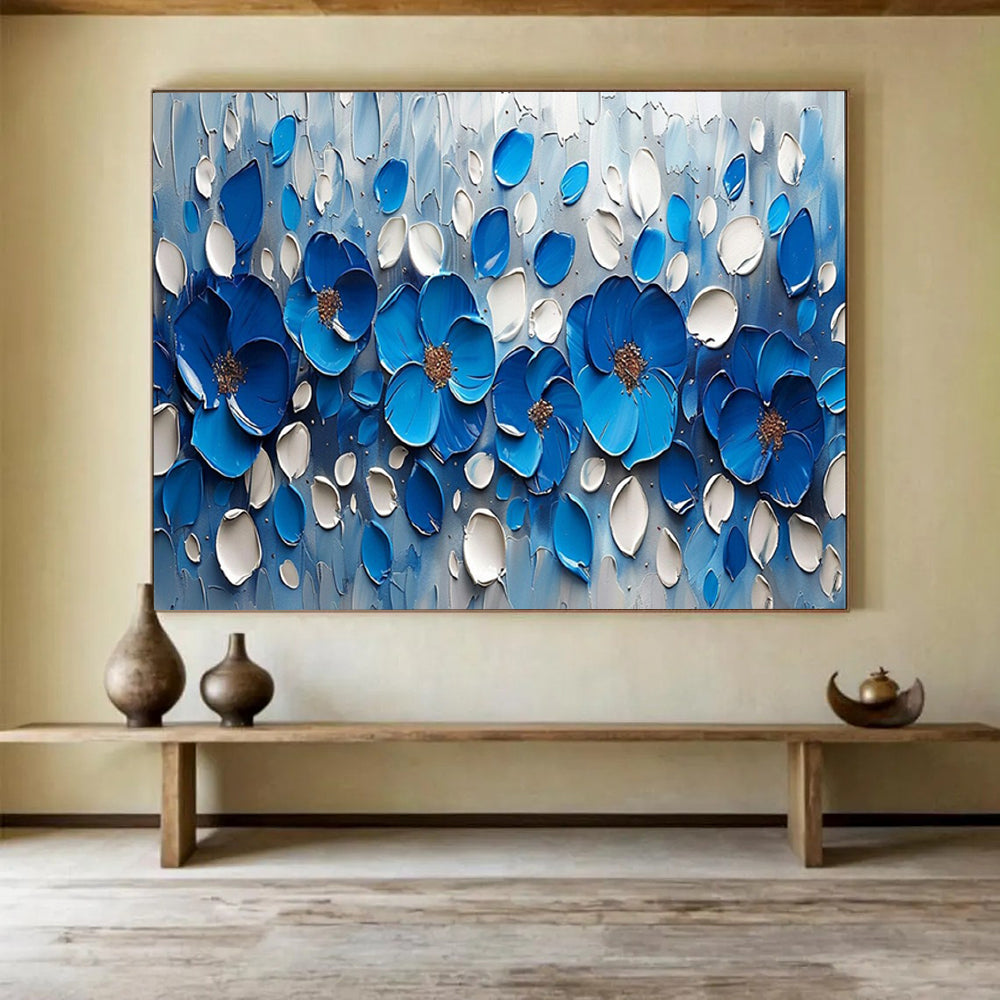 “3D Blue Floral Burst” - Sculptural Flower Painting On Canvas PT173