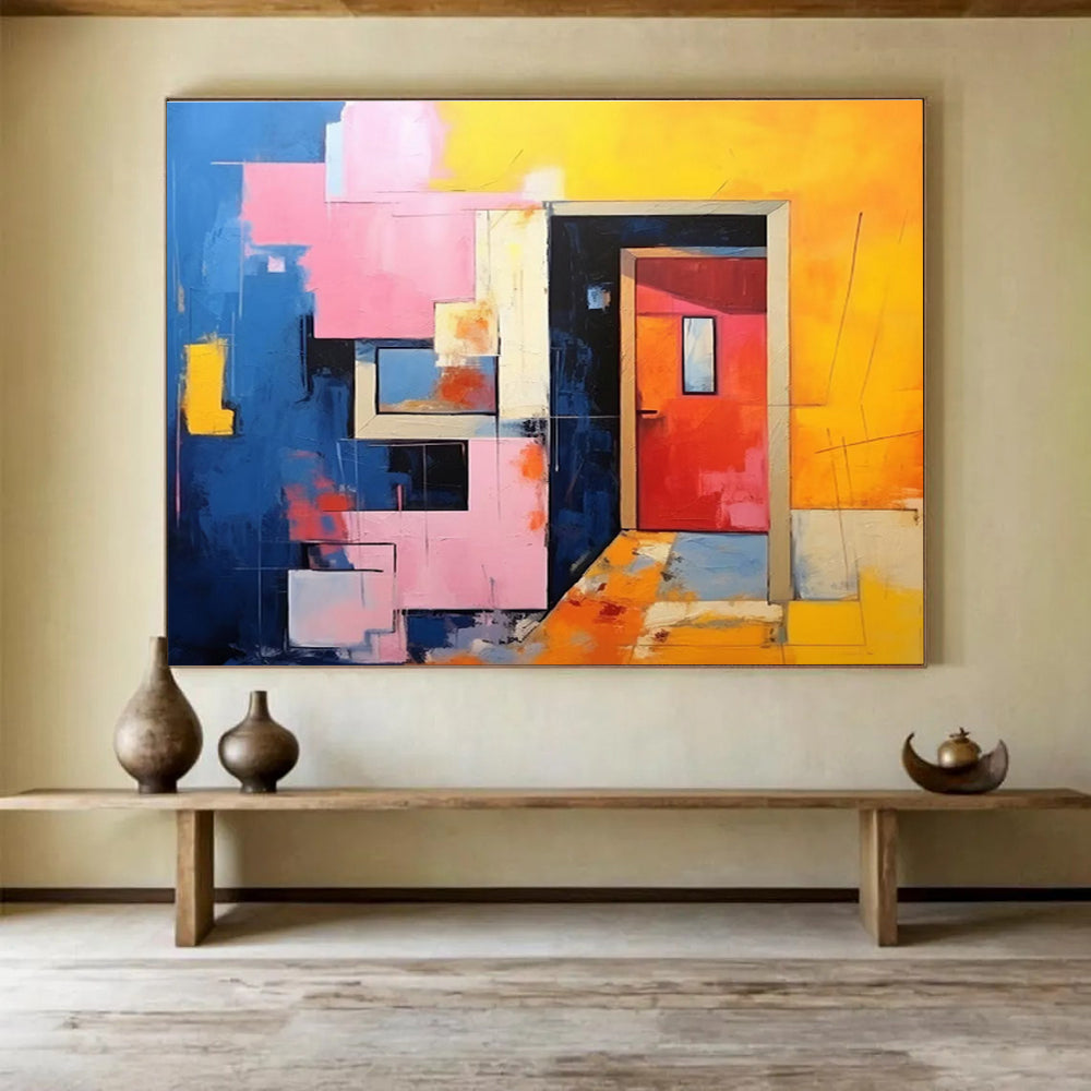 Geometric Doorway: Blue, Pink & Yellow Abstract Cubist Architecture Painting for Contemporary Office & Art - Lovers’ Café DKS642