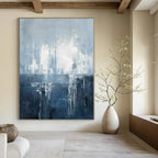 Blue, Gray and White with Flowing Drips "Oceanic Drift" Abstract Painting On Canvas PS1138