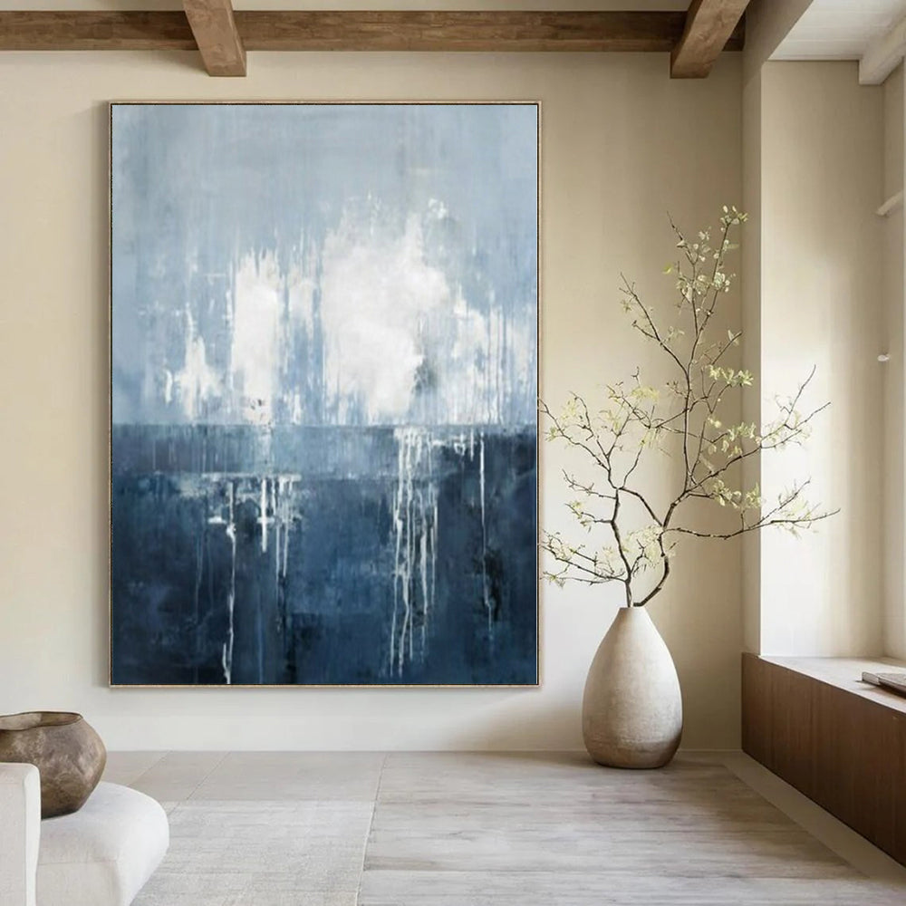 Blue, Gray and White with Flowing Drips "Oceanic Drift" Abstract Painting On Canvas PS1138