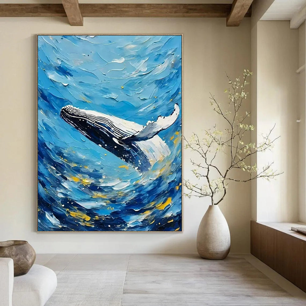 “Blue and White Whale Abstract” - Impressionist Marine Painting On Canvas PT2282