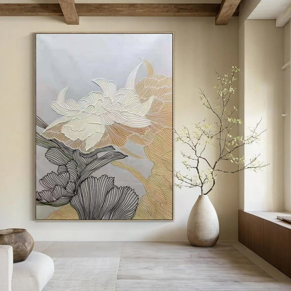 “Line - Detailed Floral Abstract” - Contemporary Floral Painting On Canvas PT1958