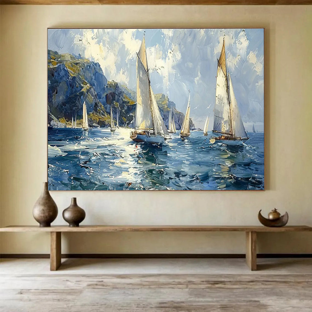 Sailing the Blue - Seaside Sailing Oil Painting, Ideal for Porch & Nautical - themed Room DKS669