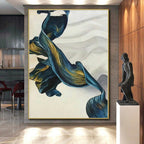 “Blue - Gold Flowing Abstract Ribbon” - Graceful Abstract Painting On Canvas PS0301